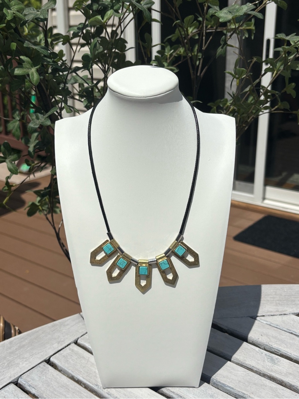 J.Crew Turquoise Statement Necklace | Geometric Brass Tone Necklace